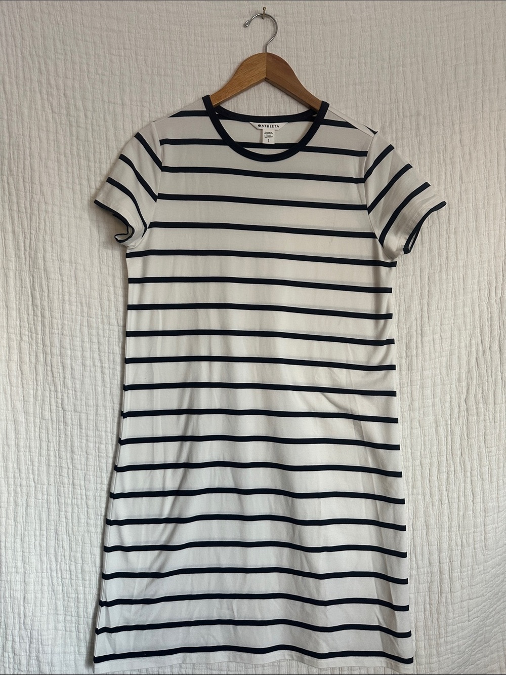 Athleta White Dress with Navy Stripes — Short Sleeve Mini